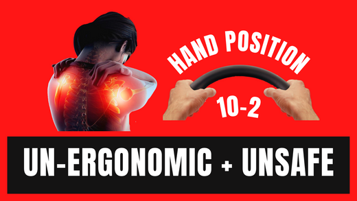 Most ergonomic hand position on steering wheel: 8 and 4 o'clock