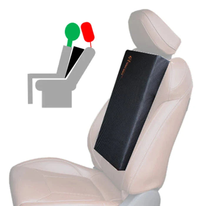 Product shown installed in car seat with inset illustrating ergonomic neck alignment